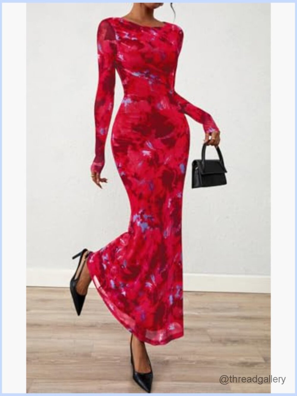 Long Sleeve Floral Maxi Dress Ruched Bodycon Crewneck Wedding Guest - Picture 4 of 7
